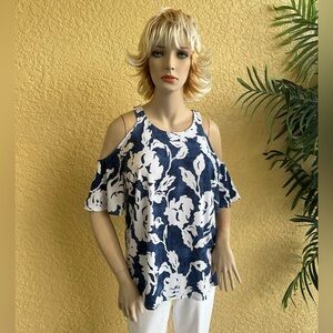 INC blue and white cold shoulder top